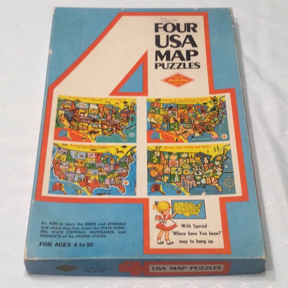 Warren Built Rite Puzzles Three Vintage USA Map Puzzles Birds, Flowers & USA Map